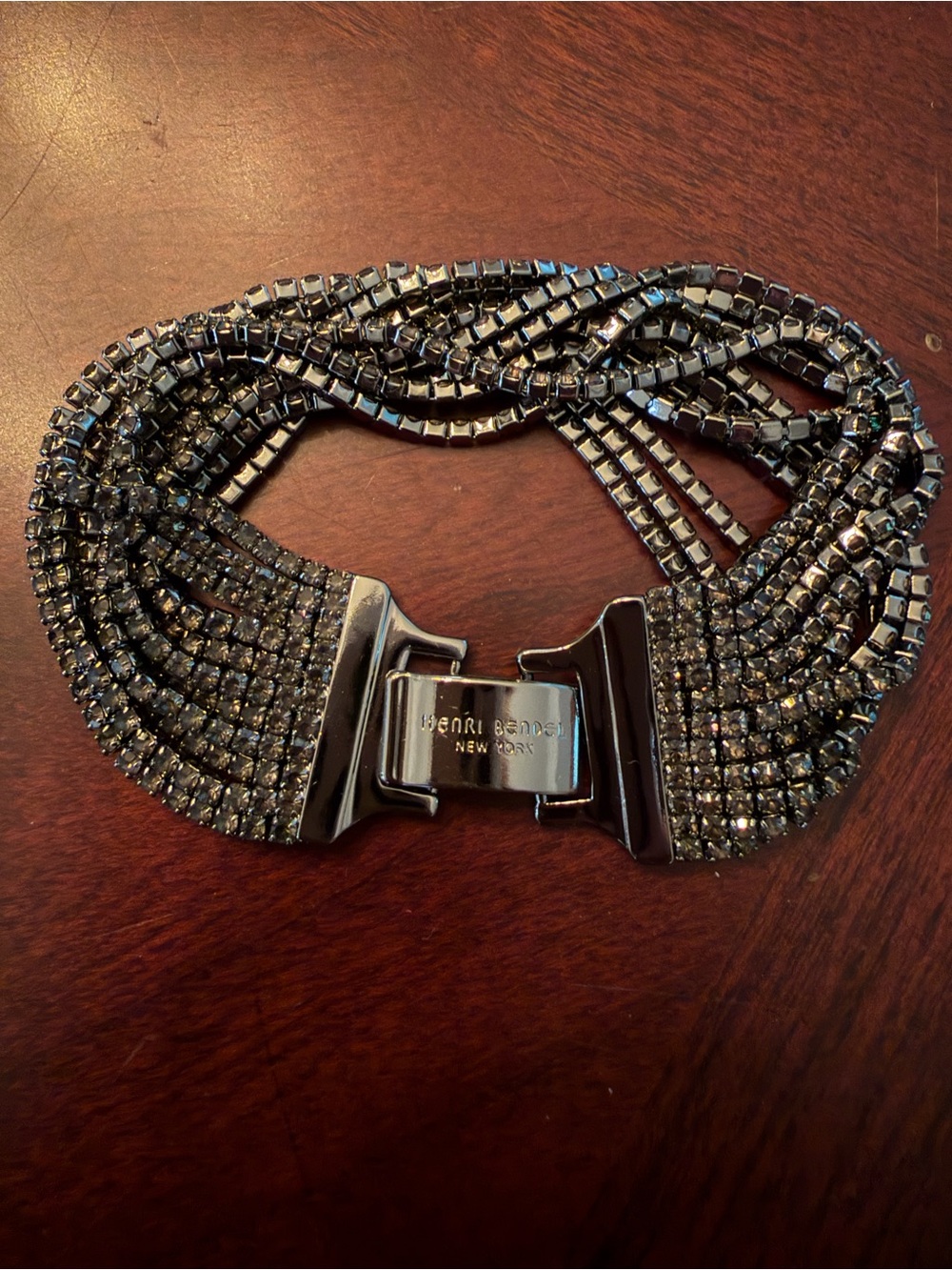 Gorgeous Henri Bendel Gunmetal Silver Multi Layered Crystal Bracelet Signed EUC